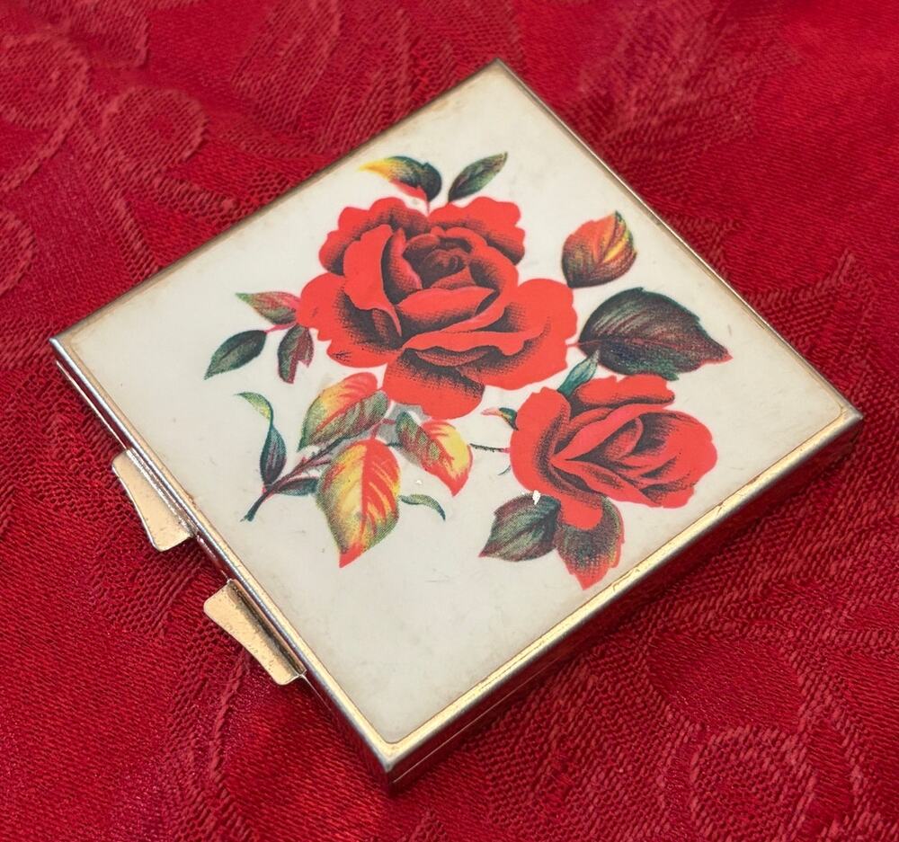 Vintage 1950s-60s Japan Red Rose Powder Compact Mirror Mid Century Vanity Purse